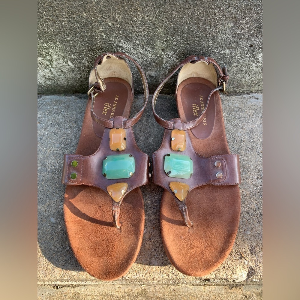 Anne Klein iFlex 8.5 M Slip On Sandals Brown Faux Stone Jewel LETICIA